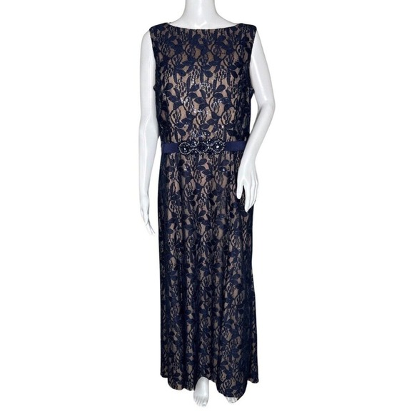 Alex Evenings Dress Womens 14 Blue Guipure Lace Sequins Beaded Belt Formal Party - Picture 1 of 9